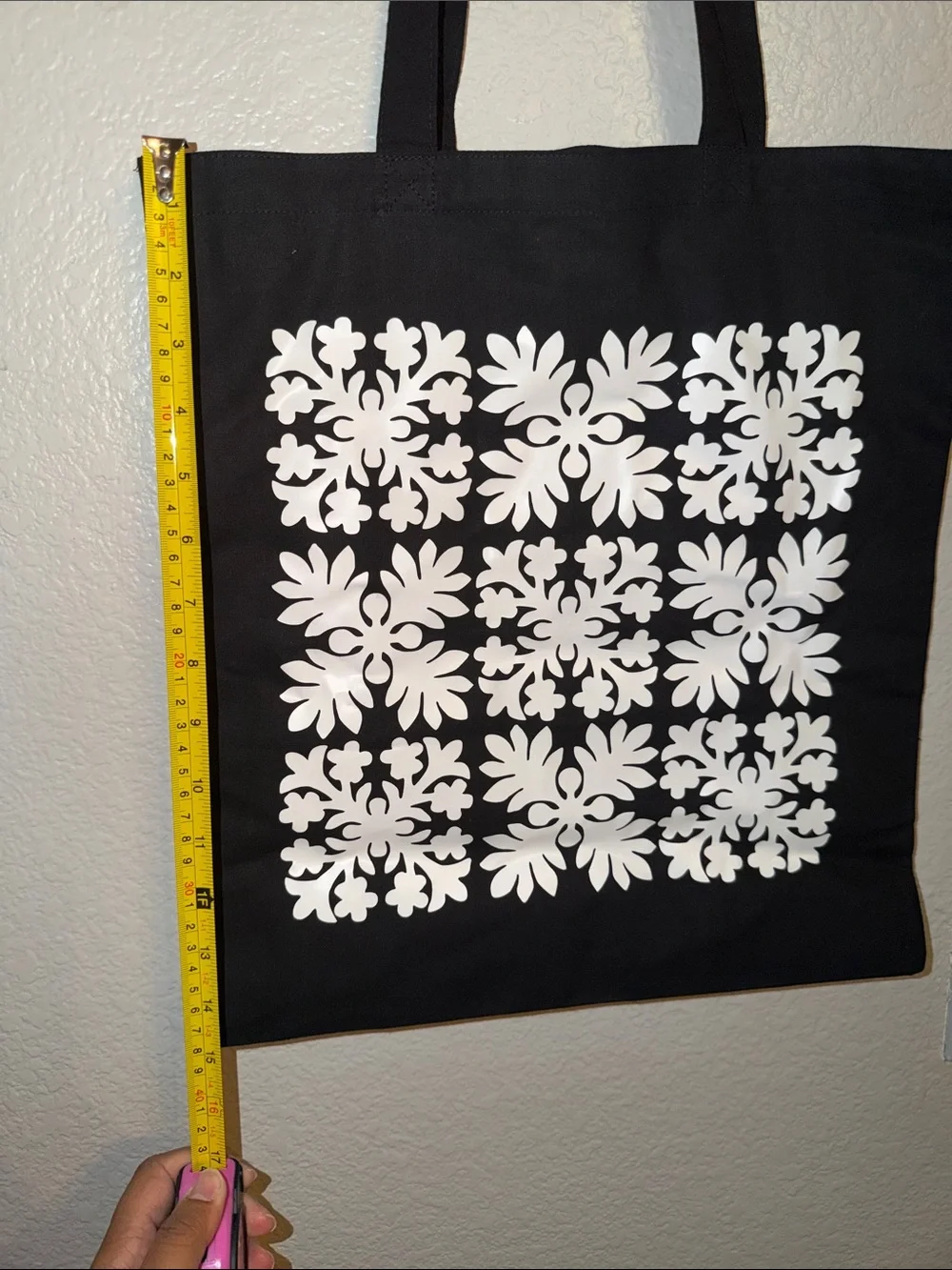 Black Tote Bag with White Floral Print - Stylish Everyday Carry